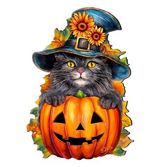 Black Cat Pumpkin Holiday 24-Inch Handcrafted Wooden Door Hanger & Wall Art by G. DeBrekht