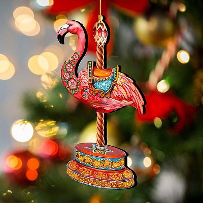 Pink Flamingo Carousel Christmas Wooden Christmas Ornaments By G