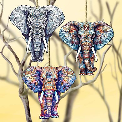Elephants Wooden Christmas Ornaments Set Of 3 By G. Debrekht