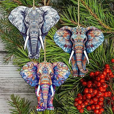 Elephants Wooden Christmas Ornaments Set Of 3 By G. Debrekht