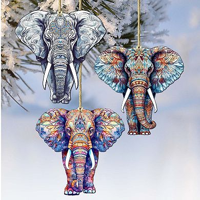 Elephants Wooden Christmas Ornaments Set Of 3 By G. Debrekht
