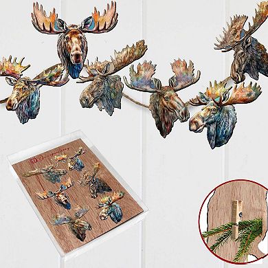 Majestic Moose Wooden Clip-on Ornaments Set Of 6 By G. Debrekht