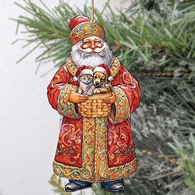 Yuletide Pets With Santa Wooden Christmas Ornaments By G. Debrekht
