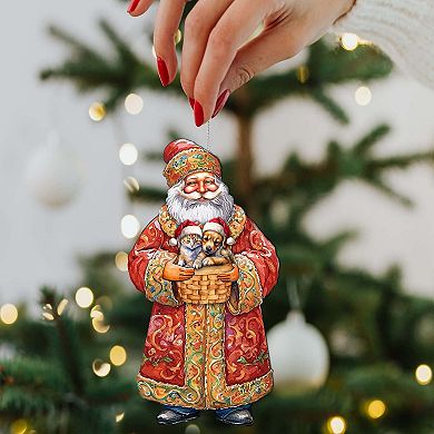 Yuletide Pets With Santa Wooden Christmas Ornaments By G. Debrekht