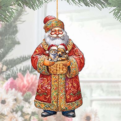 Yuletide Pets With Santa Wooden Christmas Ornaments By G. Debrekht