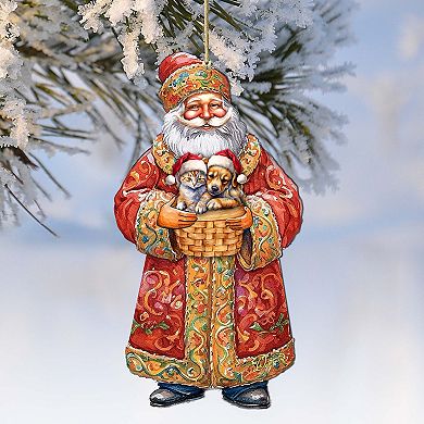 Yuletide Pets With Santa Wooden Christmas Ornaments By G. Debrekht