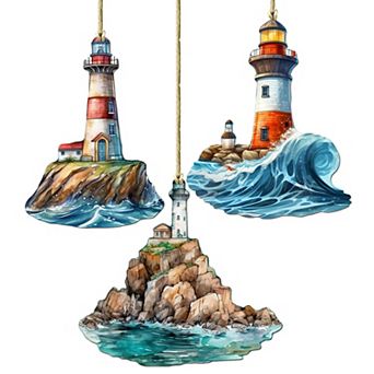 Lighthouse Wooden Christmas Ornaments Set Of 3 By G. Debrekht
