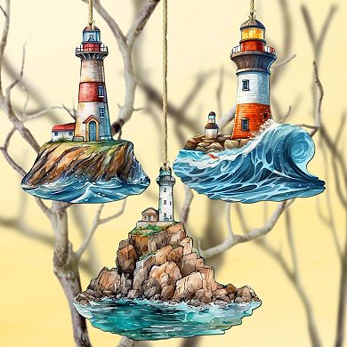 Lighthouse Wooden Christmas Ornaments Set Of 3 By G. Debrekht