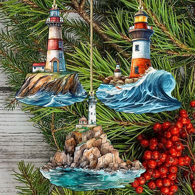 Lighthouse Wooden Christmas Ornaments Set Of 3 By G. Debrekht
