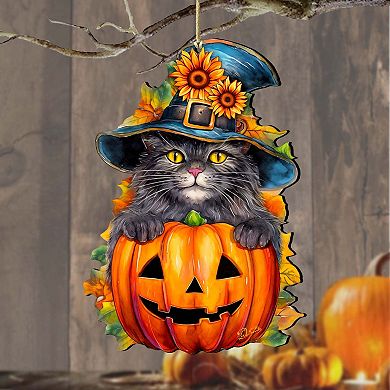 Black Cat Pumpkin Wooden Christmas Ornaments By G. Debrekht
