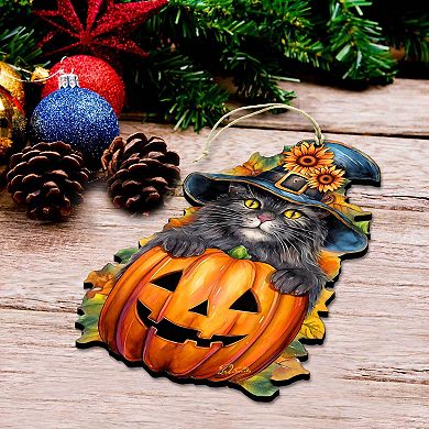 Black Cat Pumpkin Wooden Christmas Ornaments By G. Debrekht