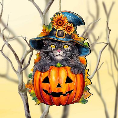 Black Cat Pumpkin Wooden Christmas Ornaments By G. Debrekht