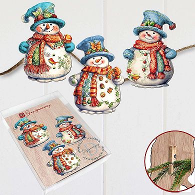Snowman Wooden Clip-on Ornaments Set Of 3 By G. Debrekht