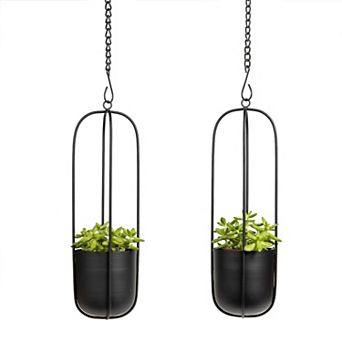 Walter 2 pc Modern Black Metal Oval Hanging Planter Set With Chain Hanging Option