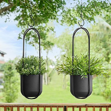 Walter 2-piece Modern Black Metal Oval Hanging Planter Set With Chain Hanging Option