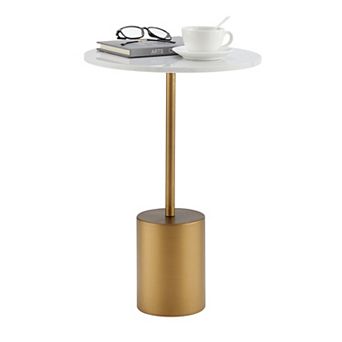 Fritz Midcentury Modern Pedestal Side Table With Gold Metal Base And Real Marbled Stone Tabletop