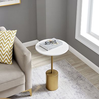 Fritz Midcentury Modern Pedestal Side Table With Gold Metal Base And Real Marbled Stone Tabletop