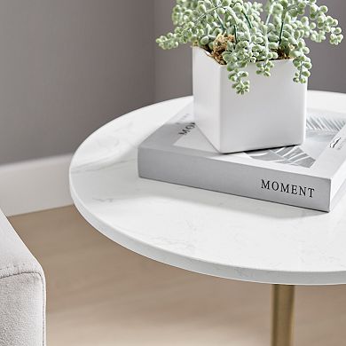 Fritz Midcentury Modern Pedestal Side Table With Gold Metal Base And Real Marbled Stone Tabletop