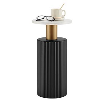 Fritz Midcentury Modern Column Side Table With Black And Gold Accents And Faux Marble Tabletop