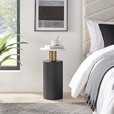 Fritz Midcentury Modern Column Side Table With Black And Gold Accents And Faux Marble Tabletop