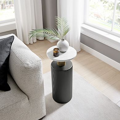 Fritz Midcentury Modern Column Side Table With Black And Gold Accents And Faux Marble Tabletop