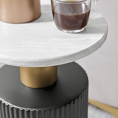 Fritz Midcentury Modern Column Side Table With Black And Gold Accents And Faux Marble Tabletop