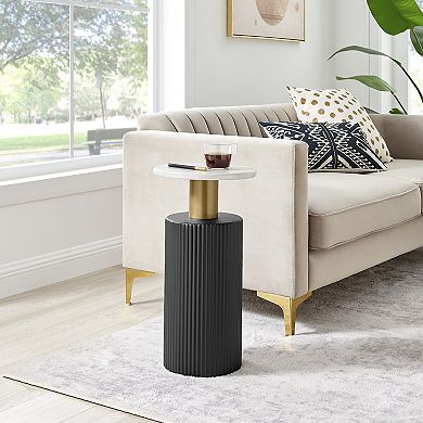 Fritz Midcentury Modern Column Side Table With Black And Gold Accents And Faux Marble Tabletop