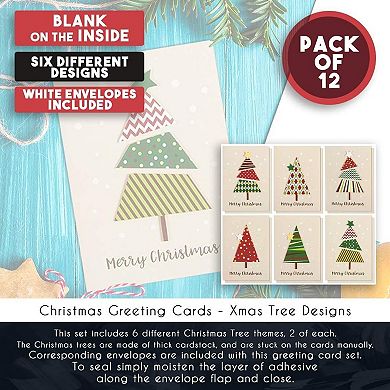 12 Pack Merry Christmas Greeting Cards With Envelopes, 6 Festive Designs, 5x7