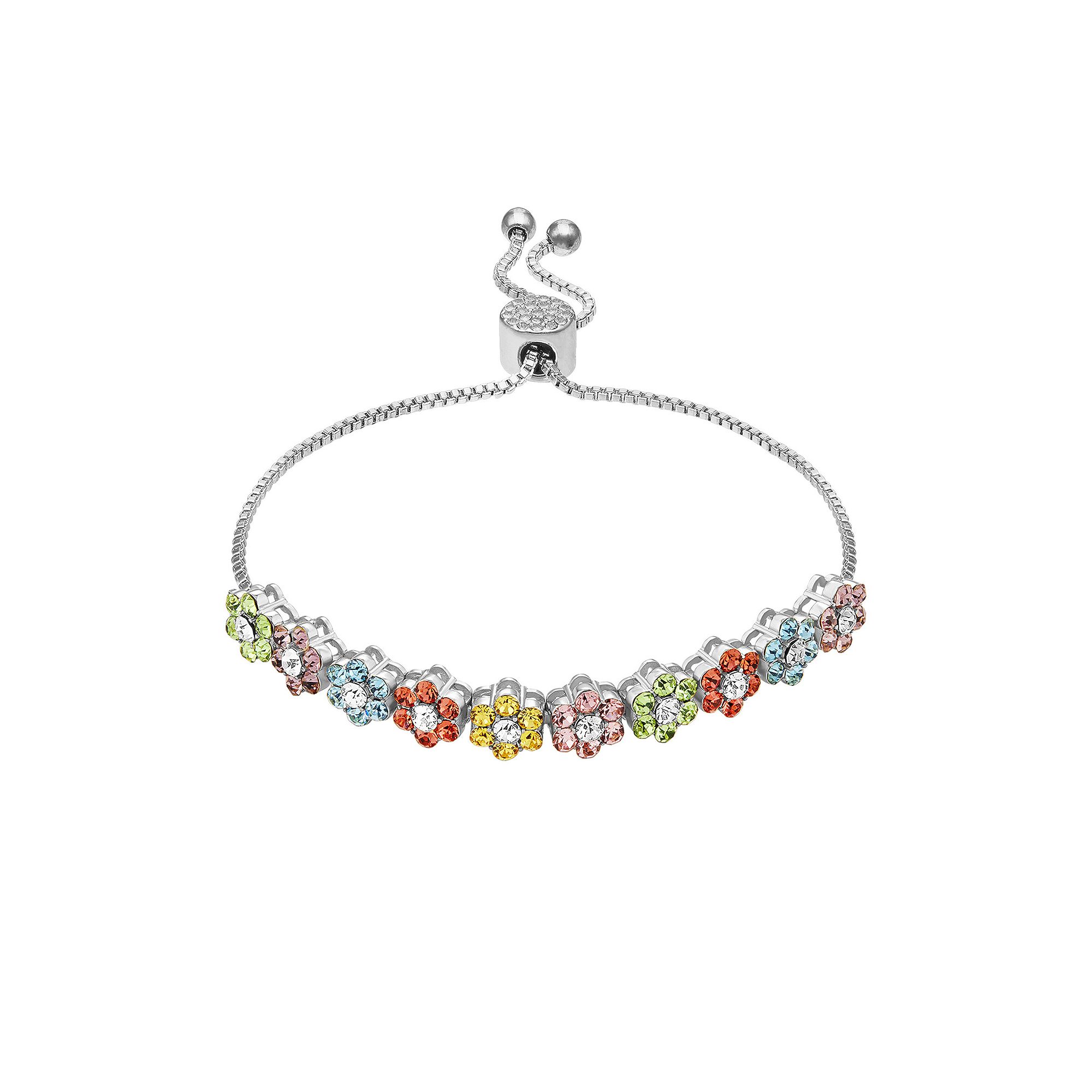 Brilliance Silver Tone Multi Color Crystal Flower Adjustable Bracelet, Wom