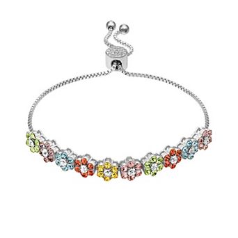 Brilliance Silver Tone Multi Color Crystal Flower Adjustable Bracelet