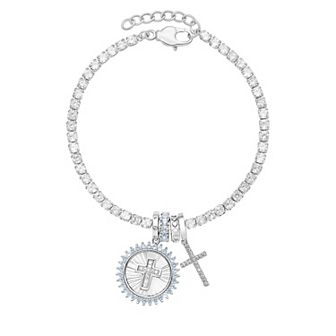 Brilliance Silver Tone Cubic Zirconia & Simulated Aqua Stone Cross Charms Tennis Bracelet