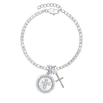 Brilliance Silver Tone Cubic Zirconia & Simulated Aqua Stone Cross Charms Tennis Bracelet