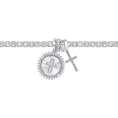 Brilliance Silver Tone Cubic Zirconia & Simulated Aqua Stone Cross Charms Tennis Bracelet