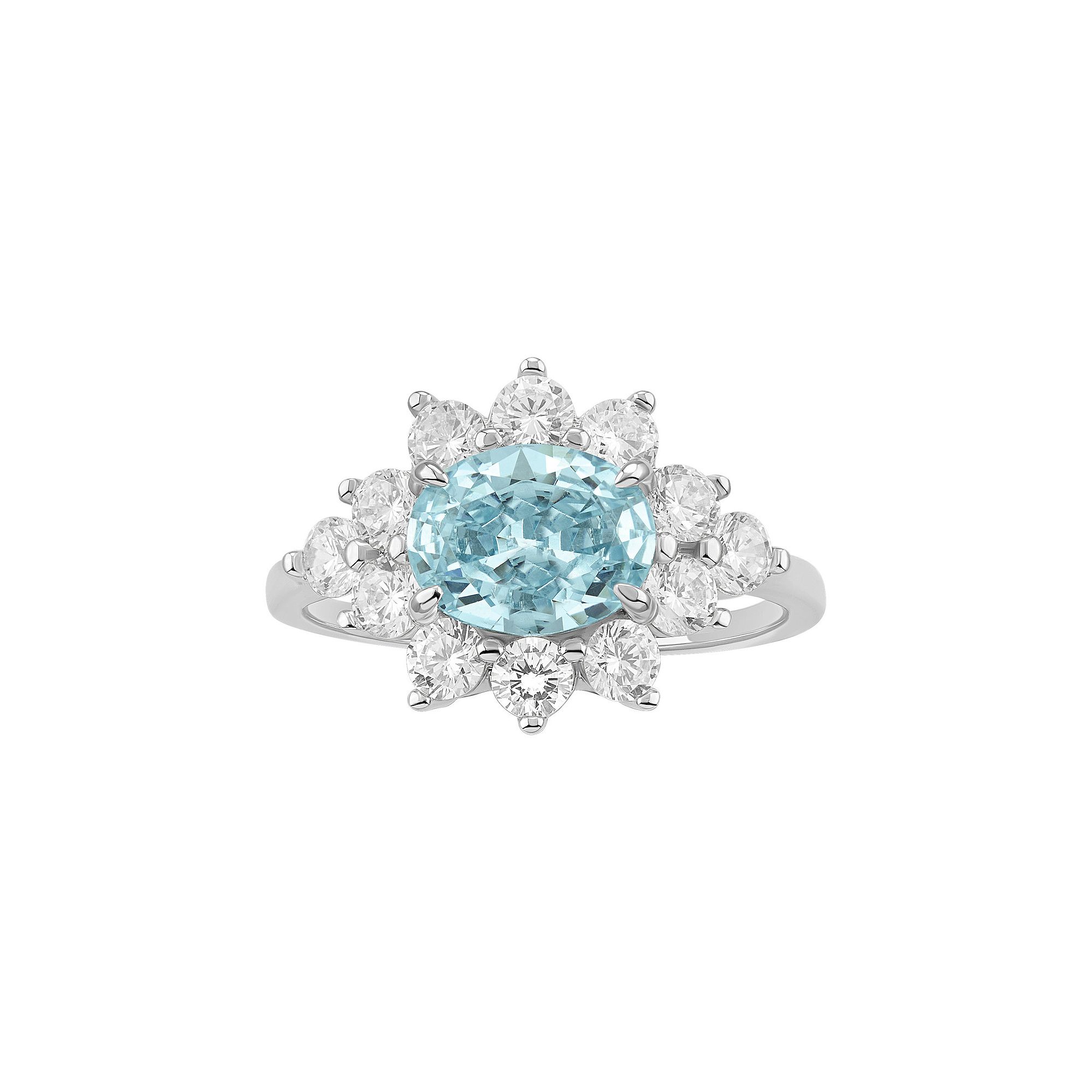 PRIMROSE Silver Tone Aqua & Clear Cubic Zirconia Oval Halo Cluster Ring, Wo