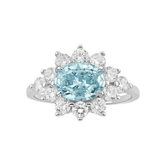 PRIMROSE Silver Tone Aqua & Clear Cubic Zirconia Oval Halo Cluster Ring