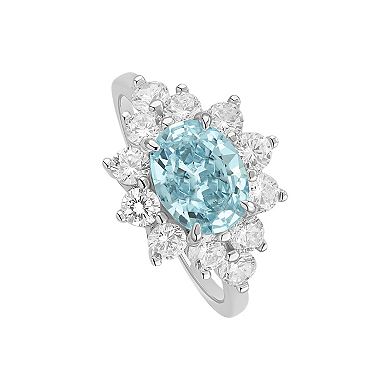PRIMROSE Silver Tone Aqua & Clear Cubic Zirconia Oval Halo Cluster Ring