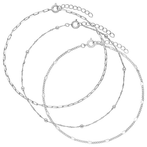 PRIMROSE Silver Tone Bead Station Anklet, Paperclip Link Anklet, & Heart Station Anklet Trio - Silver Tone