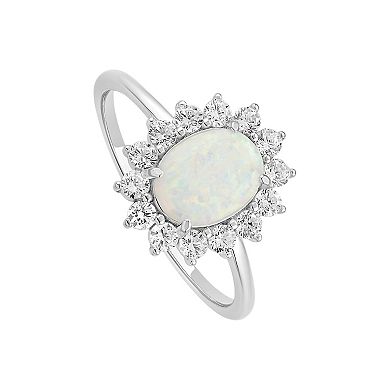 PRIMROSE Sterling Silver Oval Opal Flower Ring on Polished Band