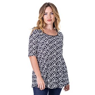 Women's 24Seven Comfort Apparel Black Geometric Print Elbow Sleeve Tunic Top