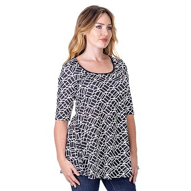 Women's 24Seven Comfort Apparel Black Geometric Print Elbow Sleeve Casual Tunic Top