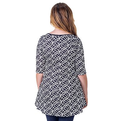 Women's 24Seven Comfort Apparel Black Geometric Print Elbow Sleeve Casual Tunic Top