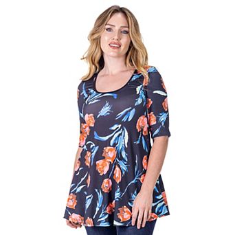 Women's 24Seven Comfort Apparel Black Tulip Print Elbow Sleeve Tunic Top