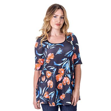 Women's 24Seven Comfort Apparel Black Tulip Print Elbow Sleeve Casual Tunic Top