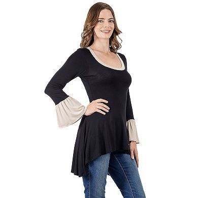 Women's 24Seven Comfort Apparel Black and Beige Bell Sleeve Hi Low Tunic Top