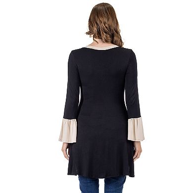Women's 24Seven Comfort Apparel Black and Beige Bell Sleeve Hi Low Tunic Top