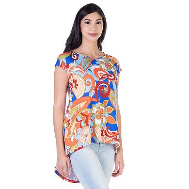 Women's 24Seven Comfort Apparel Multicolor Floral Short Sleeve High Low Tunic Top