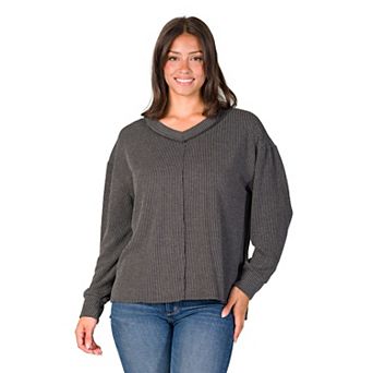 Women's 24Seven Comfort Apparel Relaxed Fit Ribbed V Neck Sweater Top