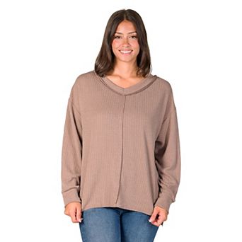 Women's 24Seven Comfort Apparel Relaxed Fit Ribbed V Neck Sweater Top