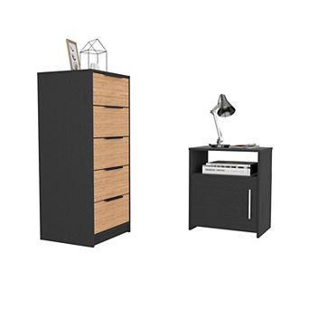 Patten 2 pc Bedroom Set, Egeo 5 Drawer Dresser + Omaha Nightstand, Black / Light Oak