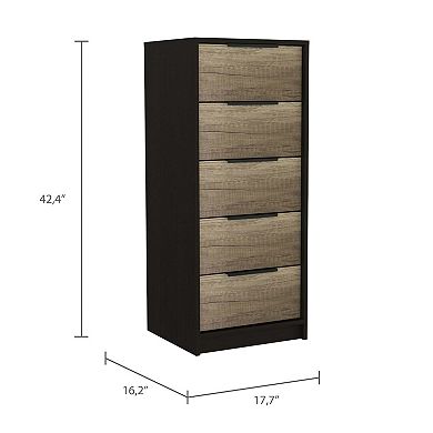 Patten 2 Piece Bedroom Set, Egeo 5 Drawer Dresser + Omaha Nightstand, Black / Light Oak
